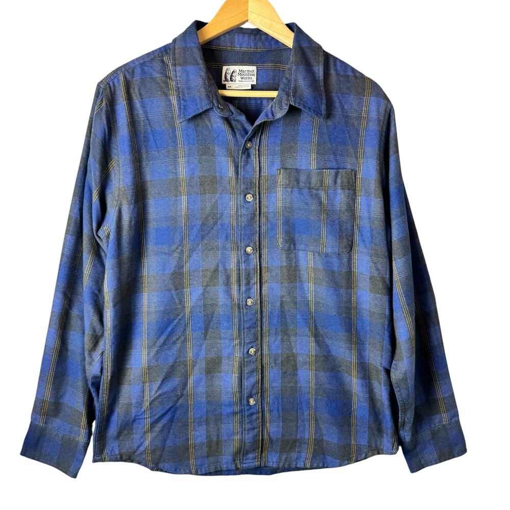 Marmot Mountain Works Flannel Shirt Mens Medium Blue Plaid Work Gorpcore Outdoor